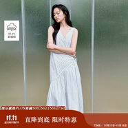茵曼設(shè)計(jì)感條紋無袖連衣裙夏季女裝百搭度假氣質(zhì)吊帶連衣裙天藍(lán)色  XL