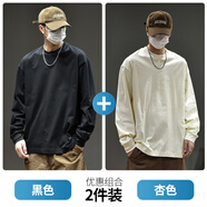 班尼路S&K純棉短袖男款夏季日系潮牌寬松拼接圓領(lǐng)百搭體恤新款長(cháng)短袖t恤 黑色+杏色 【長(cháng)袖兩件裝】 2XL 碼 【150-170斤】