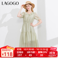 LAGOGO【萊賽爾】荷葉邊系帶連衣裙女拉谷谷夏新款收腰泡泡袖裙子 淺綠色(L8) M