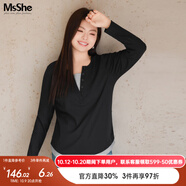 MsShe【長袖假兩件針織衫】大碼女裝2025秋裝胖mmT恤遮肚巨顯瘦毛衣 長袖【V領(lǐng)】黑色現(xiàn)貨 4XL