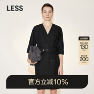 LESS夏季裙子女法式氣質V領風衣式五分袖中長腰帶連衣裙2N4G14920 001/本黑 XL
