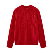 100%純棉半高領(lǐng)毛衣女粗針秋冬復古麻花全棉線(xiàn)加厚內搭針織打底衫 紅色 M 建議85-115斤