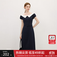 范思藍(lán)恩撞色拼接燈籠袖連衣裙女2025夏新款一字襯衫領(lǐng)中長裙2849 藏藍(lán)色 S