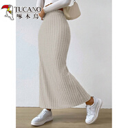 啄木鳥(niǎo)2025歐美新款高腰側邊修身開(kāi)衩針織半身長(cháng)裙女裝秋冬女裙子 杏色 XS