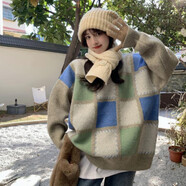 AEMAPE日系格子套頭毛衣女秋冬季2025新款寬松慵懶風(fēng)設計感加厚針織衫潮 藍綠方塊 L (建議105-115斤)