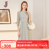 經(jīng)典故事（JANE STORY）法式復古條紋連衣裙女2025春秋新款圓領(lǐng)七分袖雪紡裙高級感中長(cháng)裙 白綠藍條 XL