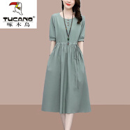 啄木鳥(niǎo)棉麻連衣裙亞麻裙子高檔女中長(cháng)款2025年夏季新款氣質(zhì)收腰顯瘦遮肚 豆綠色 XL 建議118-132斤
