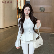 美安嘉法式小香風(fēng)白色針織開(kāi)衫女秋冬季長(cháng)袖毛衣外套感修身收腰上衣 白色腰帶 M