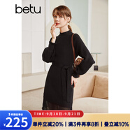 betu百圖女裝網(wǎng)紗拼接小高領(lǐng)木耳邊燈籠袖針織連衣裙女2110T69 黑色 M