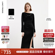 朗姿氣質(zhì)設(shè)計(jì)感一字領(lǐng)絲絨小黑裙冬春季新款高級感法式連衣裙 黑色 L