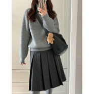 CEENIU灰百褶裙女秋季加厚毛呢中裙顯瘦遮肚a字半身裙梨形身材長(cháng)裙 灰色五分裙 M