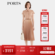 PORTS寶姿女裝春夏新款通勤襯衫領(lǐng)拼接百褶收腰短袖中長連衣裙 珍珠粉-1 L (8)