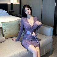 以歐（YIOU）性感欲法式復古蕾絲包臀裙V領(lǐng)收腰蝴蝶結系帶長(cháng)袖連衣裙女3028 紫色 L