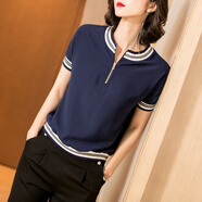 米思陽(yáng)（missshine）2025夏季新款氣質(zhì)百搭拼接休閑修身顯瘦洋氣內搭上衣T恤女 深藍色現貨直發(fā) S