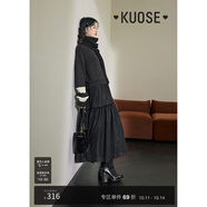 闊色（kuose）假兩件毛衣拼接紗裙連衣裙女秋冬季新款黑色長裙子圍巾 連衣裙黑色 L