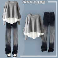 OZMYET大碼女裝胖妹妹200斤秋裝高端洋氣顯瘦套裝秋冬季一整套2025新款 灰色上衣+黑色牛仔褲 兩件套 4XL 建議180-200斤