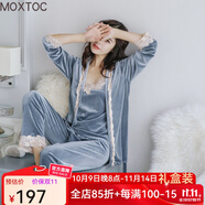 MOXTOC睡衣女冬金絲絨女士加厚三件套家居服吊帶長袖長褲套裝 灰色 L （105-120斤）