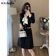 她芙（tafu）品牌女裝小香風(fēng)連衣裙女2025春秋新款氣質(zhì)名媛優(yōu)雅收腰顯瘦中長款 黑色 XL