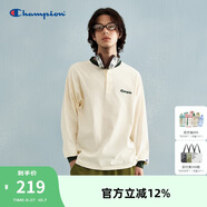 Champion冠軍長袖T恤男拼色亨利領(lǐng)打底衫純棉上衣女 米白色 S 