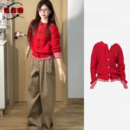 薇衣設學(xué)院風(fēng)減齡拼接格子下擺百搭上衣外套早秋少女感設計時(shí)尚針織開(kāi)衫 紅色開(kāi)衫 M