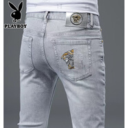 花花公子（PLAYBOY）秋季新款淺灰色牛仔褲男修身直筒韓版潮流彈力百搭高端刺繡歐洲站 白灰色  Z20牛仔褲主圖款 29 100-110斤