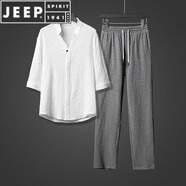 JEEP SPIRIT中國風(fēng)超薄五分袖冰絲亞麻套裝男夏季大碼寬松中袖T恤棉麻兩件套 褲子灰+上衣白(TZ201) 2XL 號【建議體重155-165斤】
