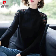 皮爾卡丹（pierre cardin）品牌羊毛衫女短款半高領(lǐng)毛衣寬松繡花套頭針織衫韓版新款打底衫 U42-黑色JZ 5XL 155-165斤