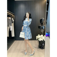 Leather cat藍色連衣裙女收腰顯瘦連衣裙2025早秋法式復古氣質(zhì)顯瘦長(cháng)袖公主裙 藍色 S