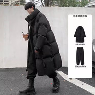 安初夏棉服男中長(cháng)款冬季外套加厚保暖羽絨棉衣襖子冬裝潮牌男生一套搭配 黑色棉服+毛衣 L 適合體重100-120斤