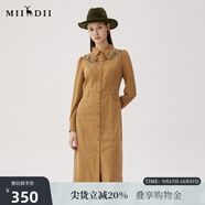 謎底刺繡連衣裙長(cháng)袖女2024秋款復古文藝修身襯衫式長(cháng)裙248ML8301 棕卡其 M