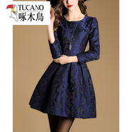 啄木鳥(niǎo)（TUCANO）2025女士春秋季流行新品通勤七分袖提花直筒洋裝修身顯瘦A字裙子 深藍色 3XL