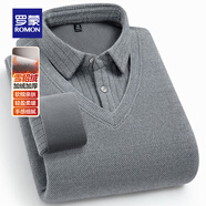 羅蒙雪貂絨加絨加厚條紋假兩件針織衫男士冬季中青年商務(wù)保暖長(cháng)袖毛衣 灰色 L 170 （適合105-125斤）