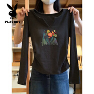 花花公子（PLAYBOY）灰色v領(lǐng)長(cháng)袖t恤女秋冬季2024新款純棉內搭打底衫收腰修身上衣 黑色-郁金花【女士/秋裝/感//歐洲站/少女/外穿 S (85-95斤)