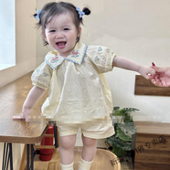 格素凡2025夏款0-3歲嬰幼兒女花朵繡花薄款翻領短袖上衣+短褲2件套裝 繡花上衣+短褲2件套裝 90