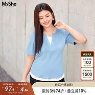 MsShe【長(cháng)袖假兩件針織衫】大碼女裝2025秋裝胖mmT恤遮肚巨顯瘦毛衣 短袖【V領(lǐng)】冰河藍色現貨 4XL
