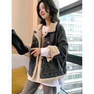 鴻思麟伊（HONGSILINYI）日系輕奢短款牛仔加絨外套女2025秋冬韓版寬松顯瘦加厚牛仔衣 黑色 S