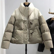 莫代爾2025冬季新款棉服韓版撞色棉服女牛角扣寬松時(shí)尚洋氣面包服短外套 卡其拼米白 S 75-105斤