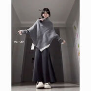 韓系穿搭一整套韓系小個(gè)子蝙蝠斗篷針織毛衣搭配女高腰毛呢半身裙 灰色不規則毛衣+黑色毛呢長(cháng)裙 兩件套 S