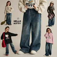 【激光貓】女童牛仔褲秋HelloKitty加絨保暖滿印兒童直筒褲 褲子-牛仔藍(lán)10月5日到倉 140 (全橡筋)