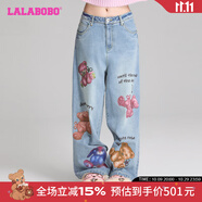 LALABOBO袁一琦同款純棉牛仔褲女高腰顯瘦小熊印花寬松闊腿褲RBED-WXZC19 中藍白 常規(guī) 28 建議135-145斤