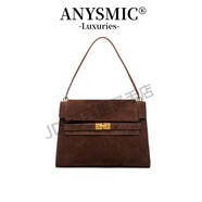 ANYSMIC奢侈品牌包包女包2025新款翻蓋凱莉包女士真皮腋下牛皮通勤 咖啡(頭層磨砂麂皮) 底長(cháng)32寬10高22手提21CM
