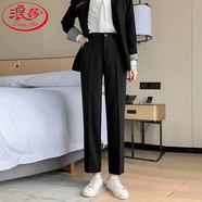浪莎直筒西裝褲女夏季薄款高腰垂感顯瘦寬松休閑長(zhǎng)褲黑色通勤西褲女 黑色 哈倫西褲（三一斜面料） M （96-110斤）
