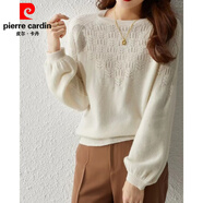 皮爾卡丹（pierre cardin）法式優(yōu)雅圓領(lǐng)針織衫女毛衣氣質(zhì)慵懶風(fēng)寬松燈籠袖洋氣縷空打底上衣 白色 L