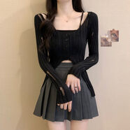 芊綢法式淑女風(fēng)鏤空設計感長(cháng)袖針織衫吊帶早秋新款顯瘦罩衫短款上衣女 黑色 均碼