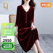 OLJ國(guó)際高檔品牌真絲絲絨連衣裙女2025年春秋新款刺繡氣質(zhì)桑蠶絲裙子 酒紅色 L 建議120斤以內(nèi)