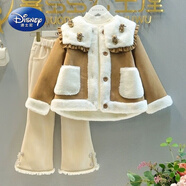 迪士尼（Disney）女童冬季套裝2025新款韓版女寶寶皮毛一體加絨加厚外套褲子兩件套 咖色加絨外套+杏色加絨褲子 120