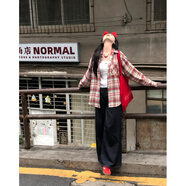a【ALITTLE 亂糟糟】“明媚夏日”刺繡格子長(cháng)袖襯衫寬松百搭秋季 白拼紅格子+藏藍牛仔褲 S _閃電當天發(fā)