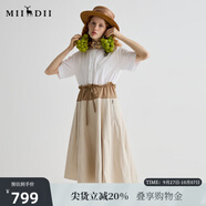 謎底連衣裙短袖2025夏季新品通勤撞色抽繩合身X型中長(cháng)裙252ML0513 亮白 M