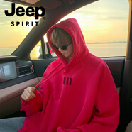 JEEP SPIRIT600G重磅100純棉衛(wèi)衣男秋冬季寬松大碼打底衫情侶裝顯瘦外套潮流 加肥加大碼男裝-玫紅色 S