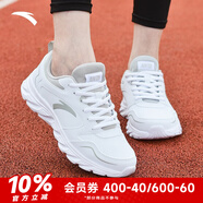 安踏漫步運動鞋女鞋女士秋季款皮網(wǎng)面透氣輕便防潑水軟底跑步鞋子女 (皮面)安踏白/淡灰-4 39